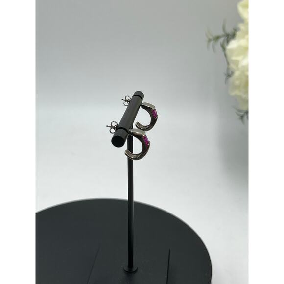 Château d'Argent (C^A) Sterling Silver Huggie Half Hoop Earrings ? Lab Ruby - Picture 6 of 9